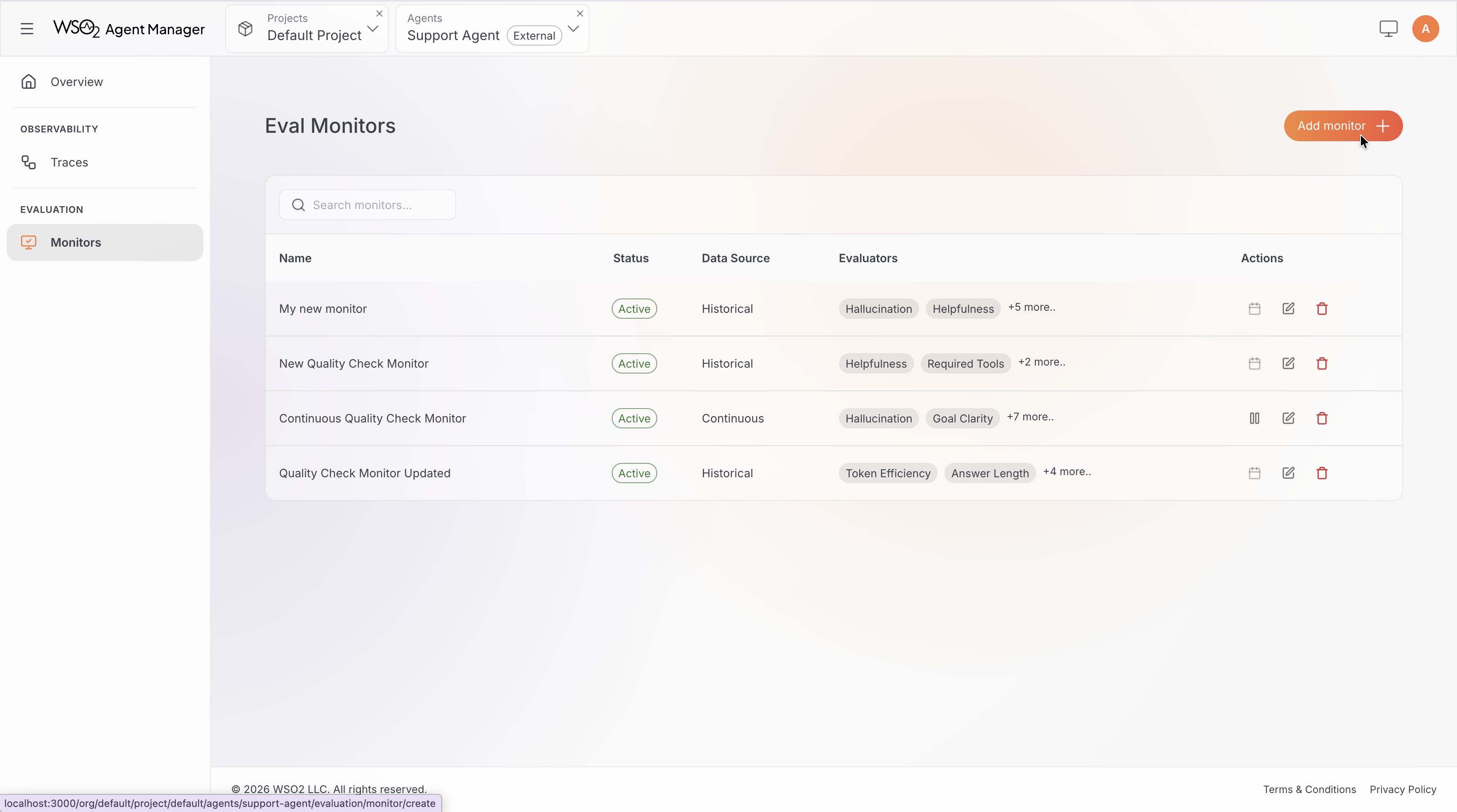 Evaluation tab with Add Monitor button