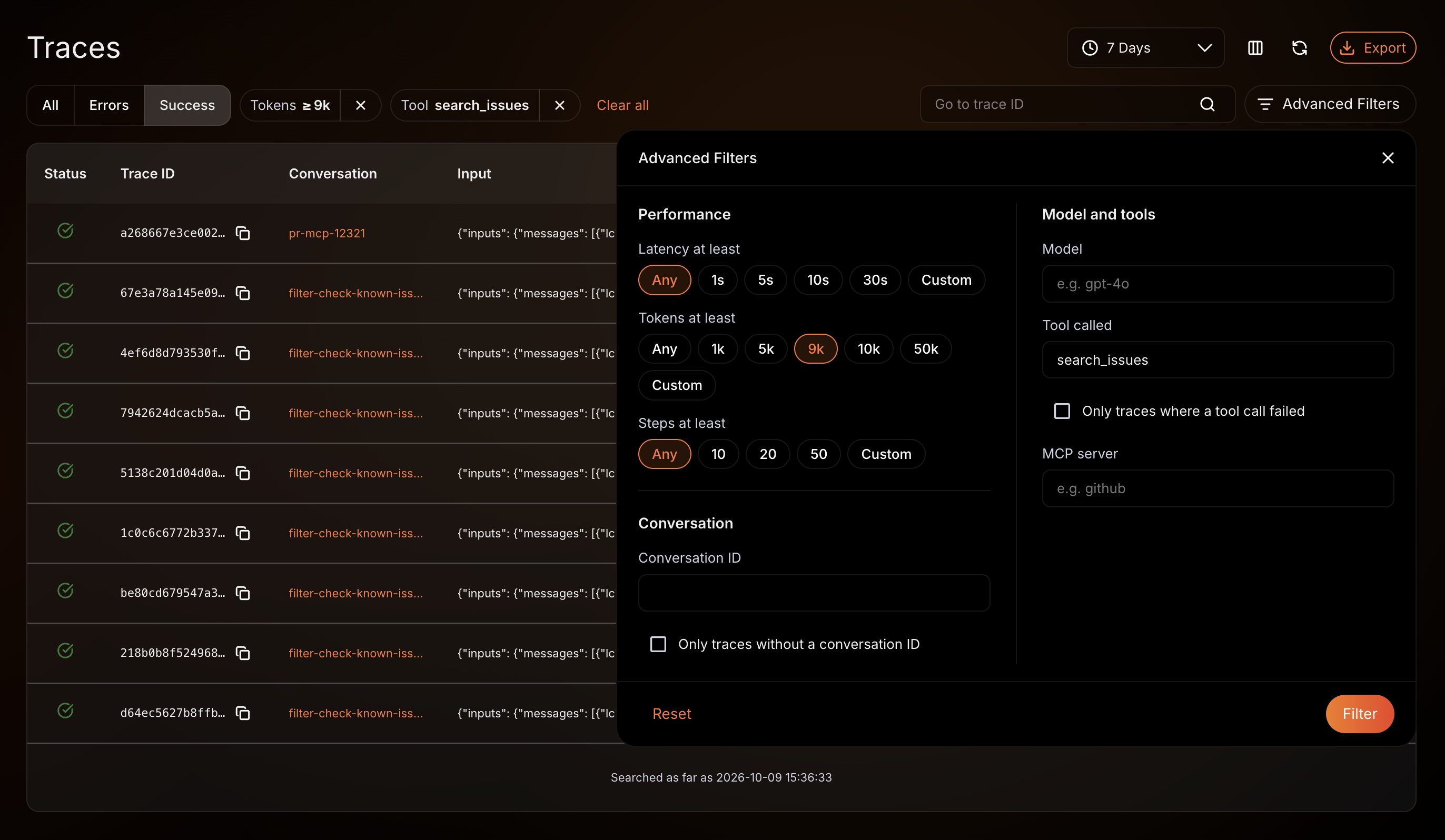 Advanced Filters panel with Tokens at least set to 9k and Tool called set to search_issues