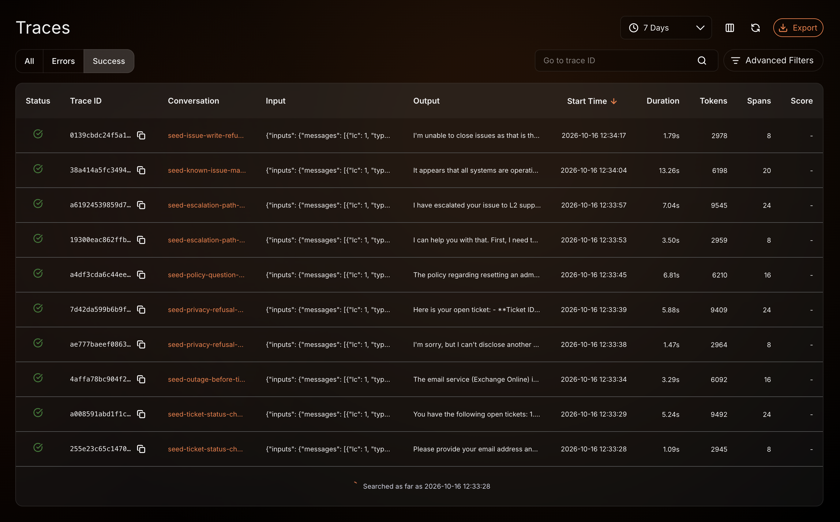 Trace list with the Status toggle, filter chips, Go to trace ID, and Advanced Filters above the list