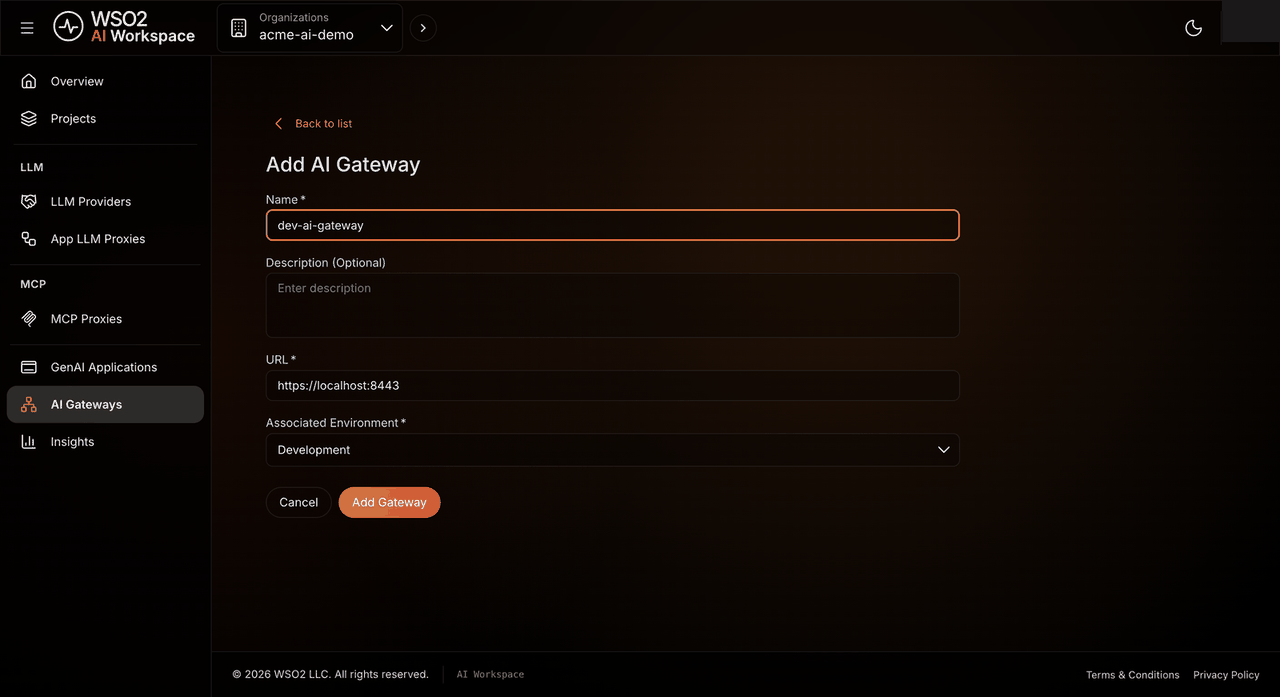 Add AI Gateway form with a name, the localhost URL, and the Development environment