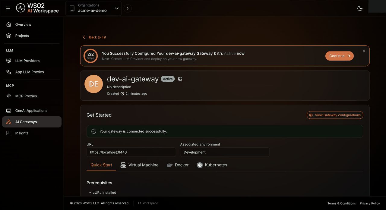 AI Gateway page with a green Active status and a connected-successfully message