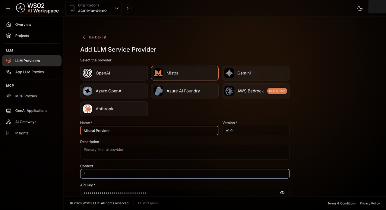 Provider form with Mistral selected and the name, context, and API key filled in