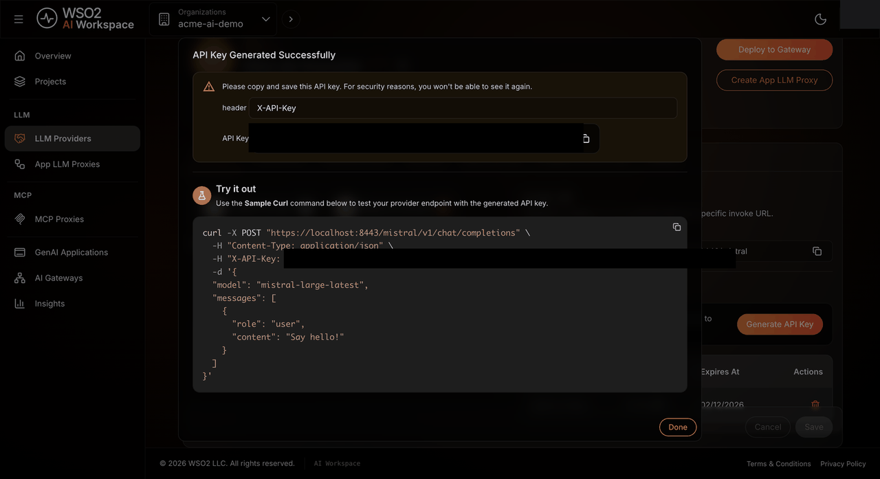 API key generated dialog with the header name and a sample curl command