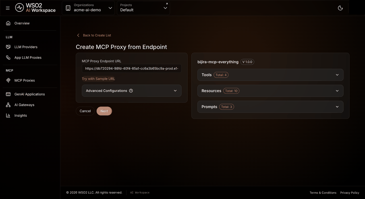 Create MCP Proxy screen with the sample URL and the fetched tools, resources, and prompts