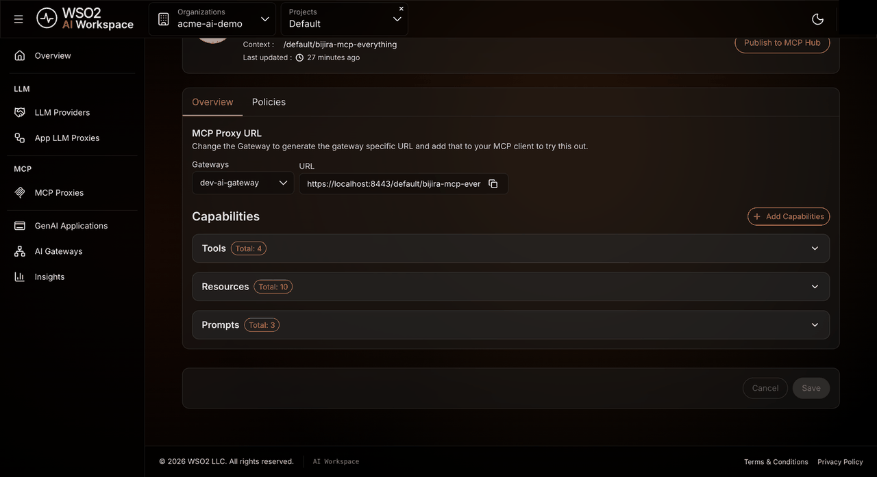 MCP proxy Overview tab with the gateway-specific MCP Proxy URL and the capabilities list