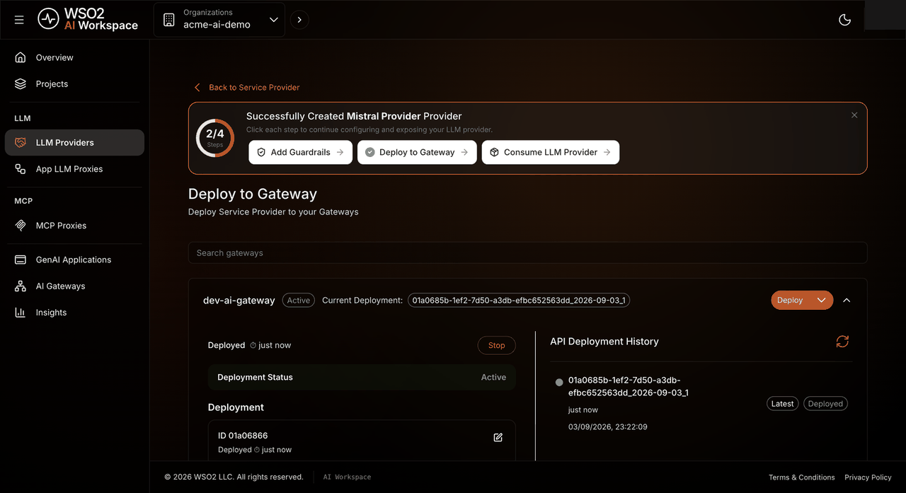 Deploy to Gateway page with the deployment status Active and a history entry