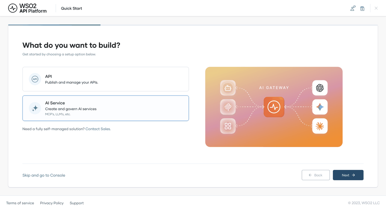 What do you want to build? screen with the AI Service option selected