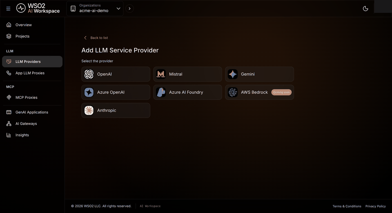Provider selection panel with tiles for OpenAI, Mistral, Gemini, Azure OpenAI, Azure AI Foundry, and Anthropic