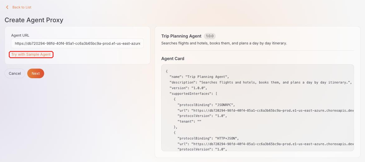 Create Agent Proxy page with the Try with Sample Agent link highlighted and the Trip Planning Agent's Agent Card shown
