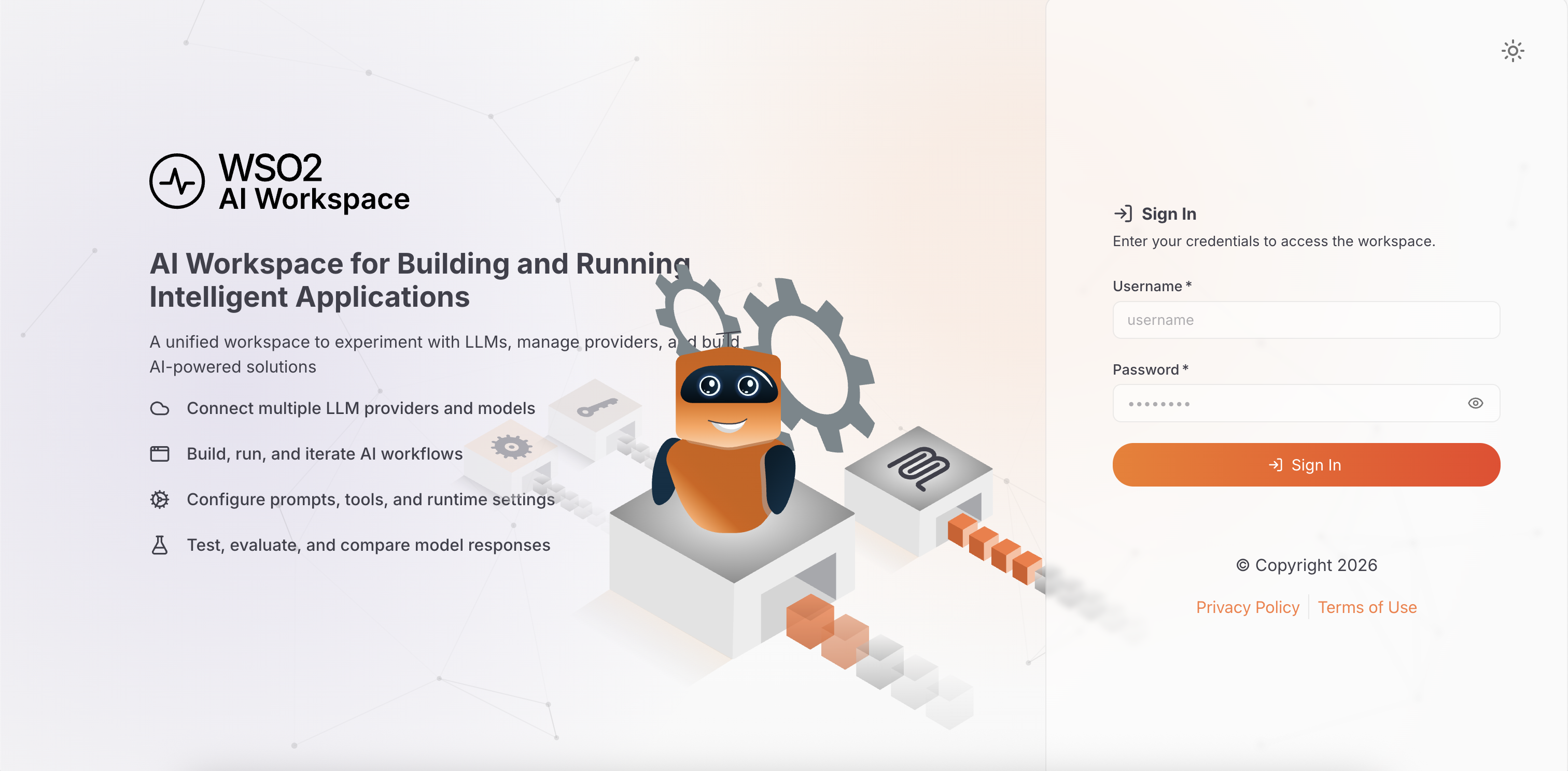 AI Workspace file-based login window with Username and Password fields