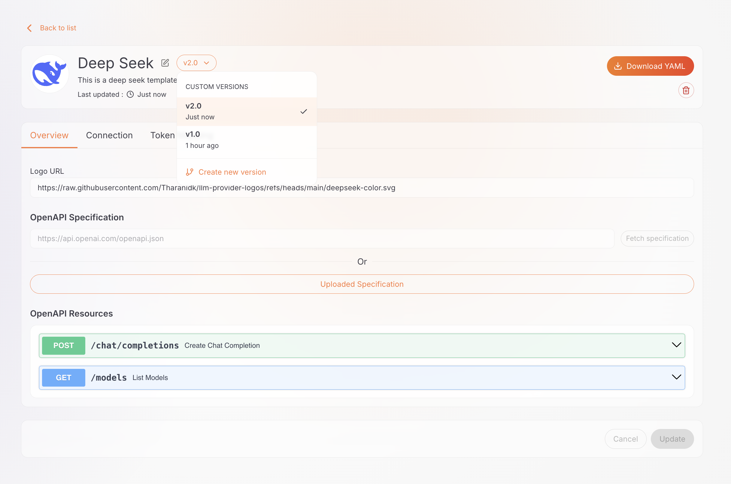 Version selector dropdown with the Create new version option