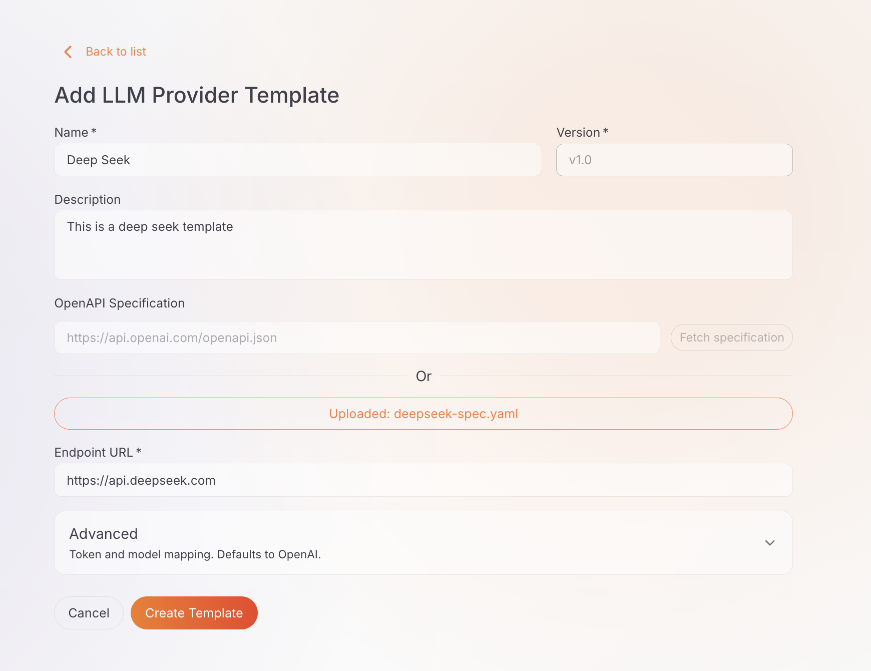 Create LLM provider template form with name and endpoint URL fields