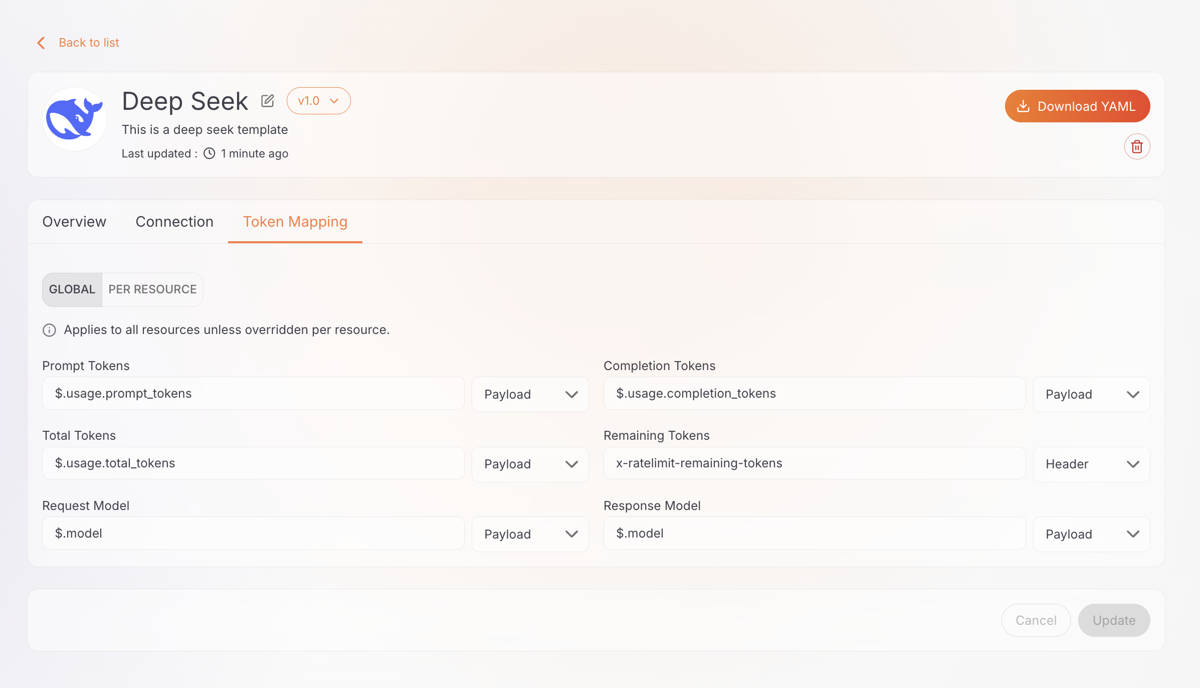 Token Mapping tab showing default mappings and per-resource overrides