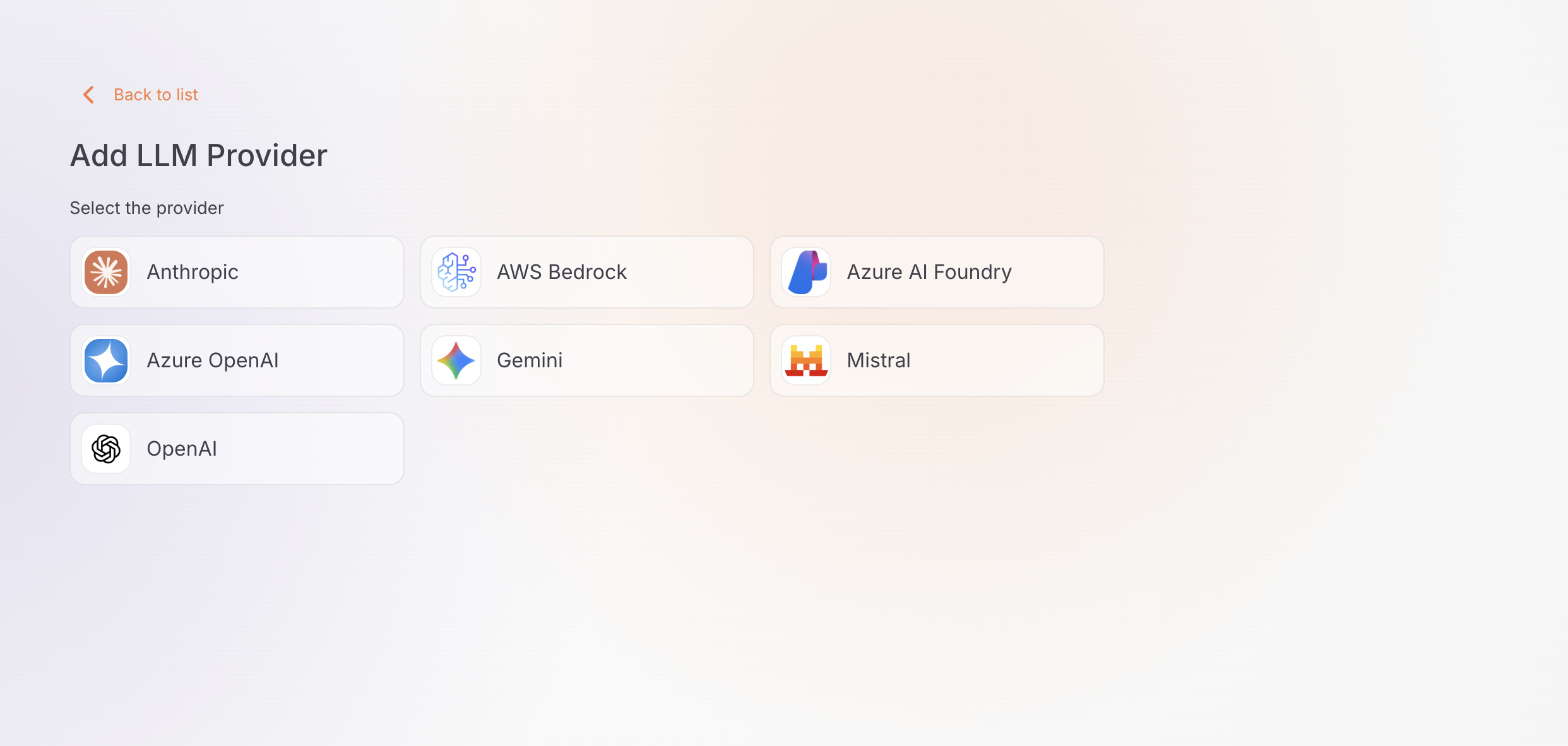 Add LLM Service Provider panel showing selectable tiles for OpenAI, Mistral, Gemini, Azure OpenAI, Azure AI Foundry, AWS Bedrock, and Anthropic