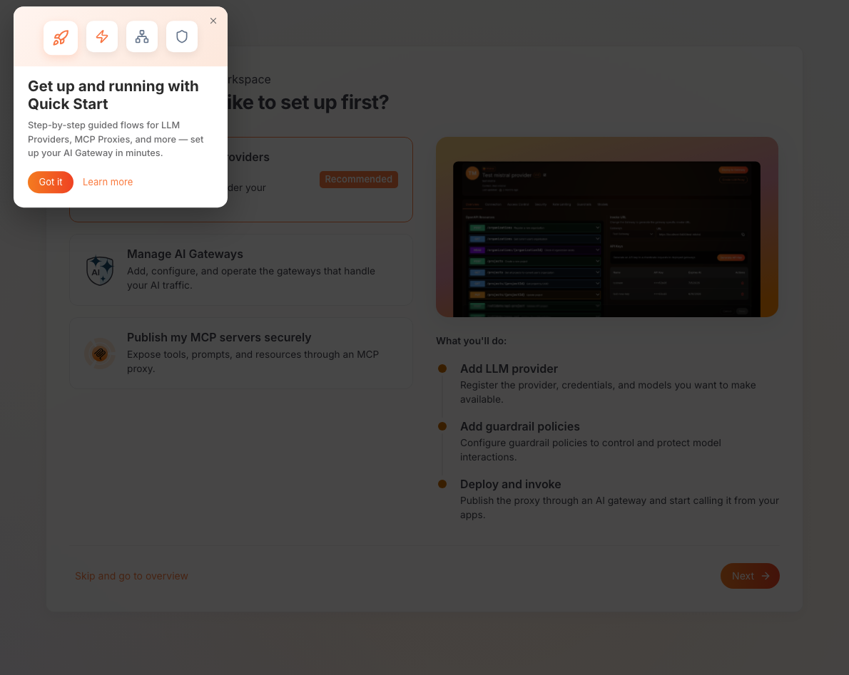 AI Workspace Quick Start page with the tour dialog open above the setup-path options