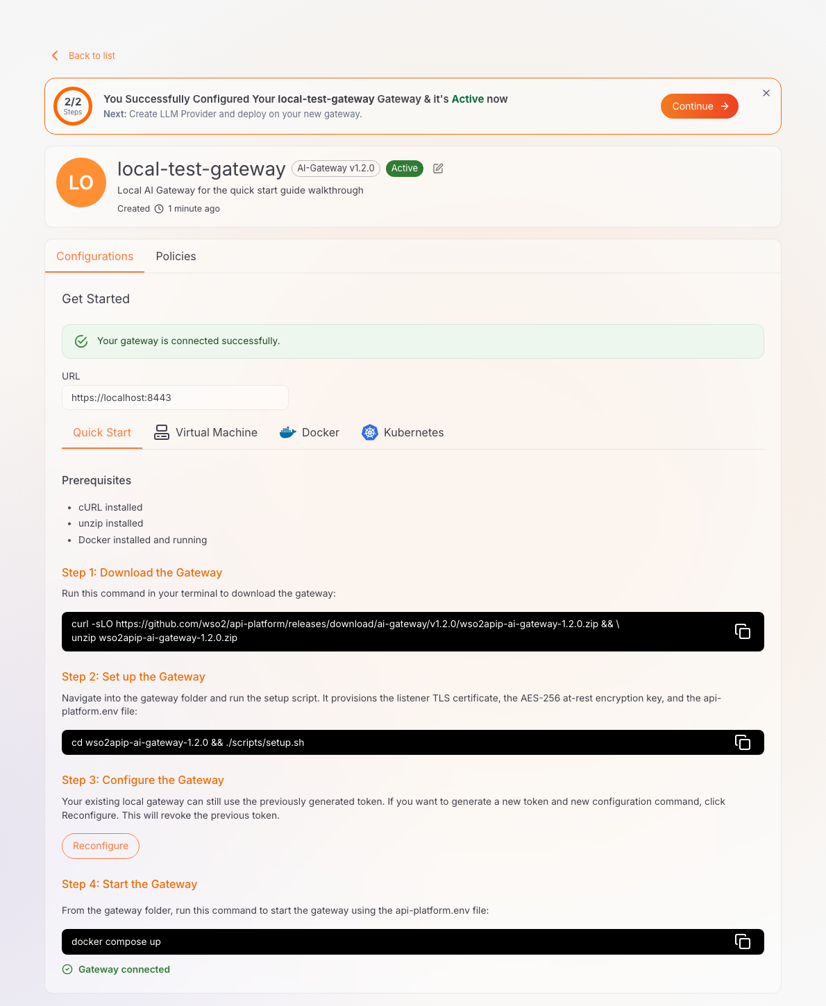 AI Gateway detail page showing the Get Started panel with download and setup commands, and a green Active status badge after the gateway connects