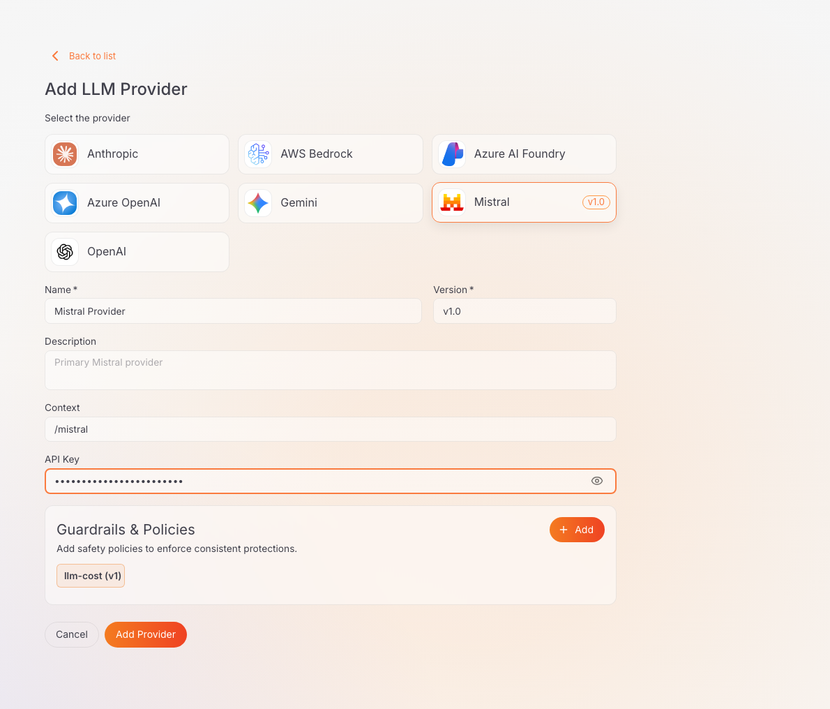 Add LLM Provider form with Mistral selected, showing Name, Version, Description, Context, API Key, and a pre-selected llm-cost guardrail
