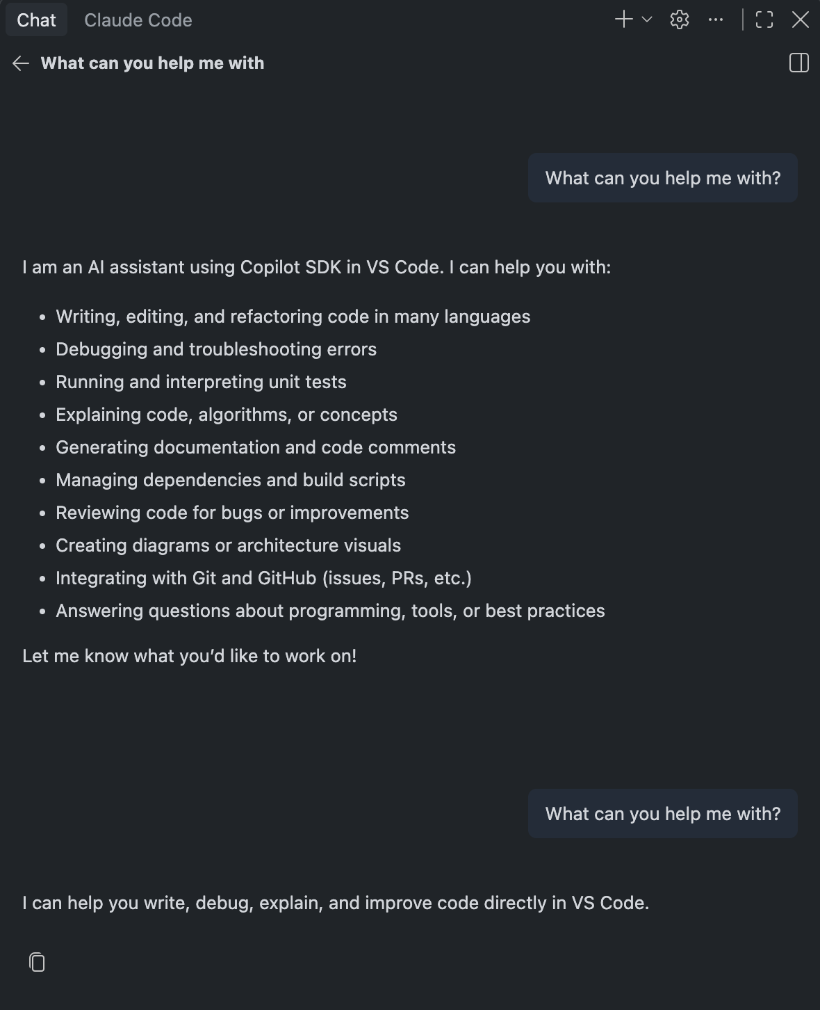 Copilot Chat in VS Code showing a long bulleted response without the Prompt Decorator and a one-sentence response after the Prompt Decorator is applied