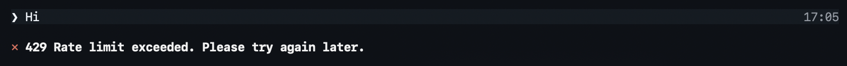GitHub Copilot CLI showing a 429 rate limit exceeded message after the rate limit is reached