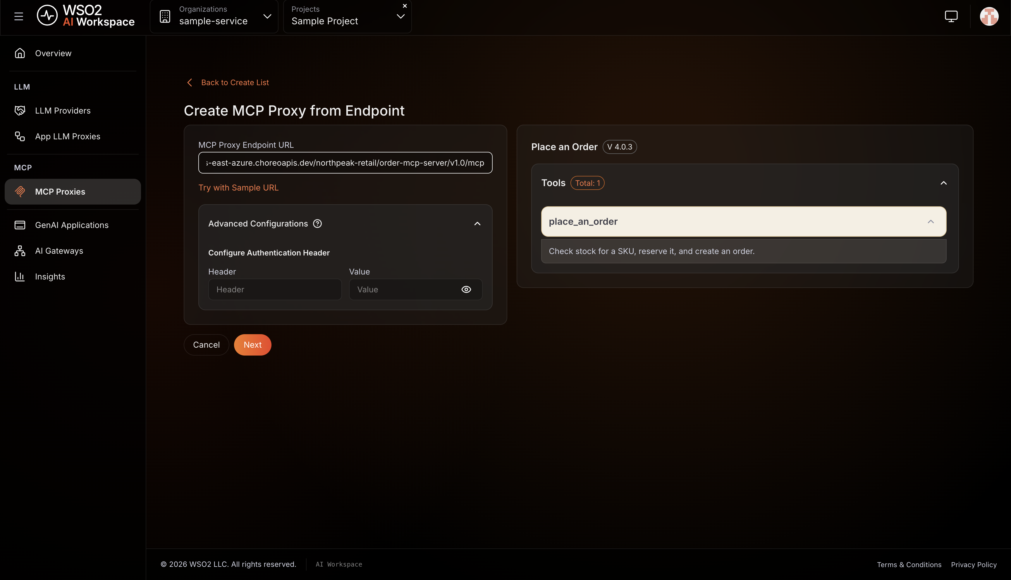 Create MCP Proxy from Endpoint screen with the MCP server URL entered and place_an_order listed under Tools with its description