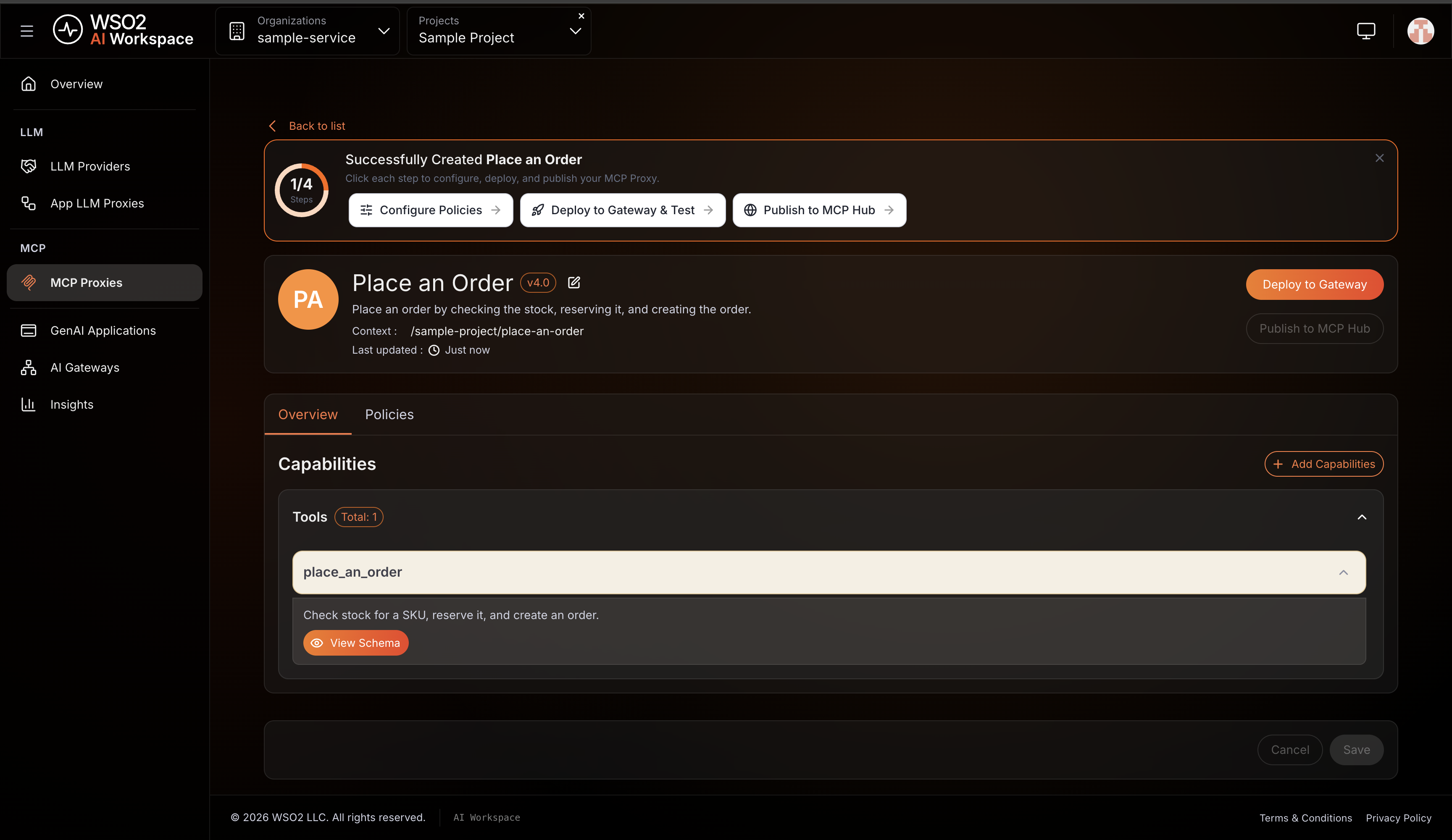 MCP proxy overview showing Place an Order with one tool, place_an_order, its description, and a View Schema button