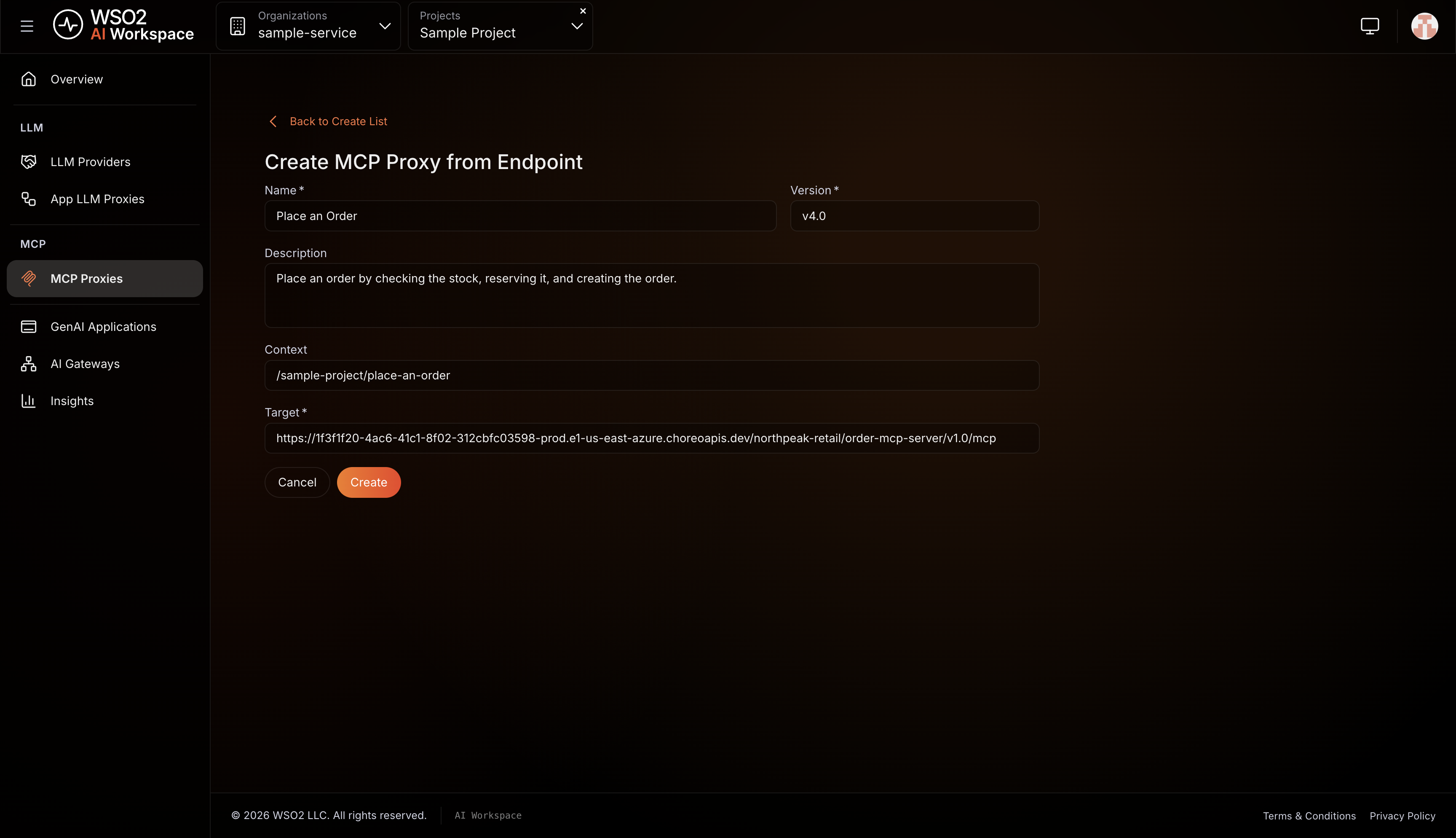 Proxy details form showing Name, Version, Description, Context, and the Target URL