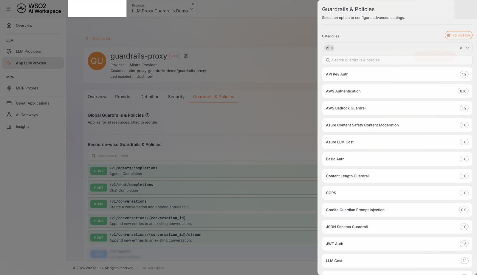 Add Guardrail catalog panel showing the Categories filter and the list of available guardrails and policies