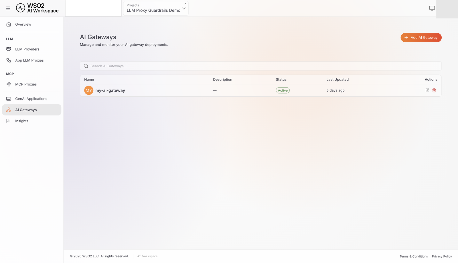 AI Gateways list showing my-ai-gateway with an Active status badge