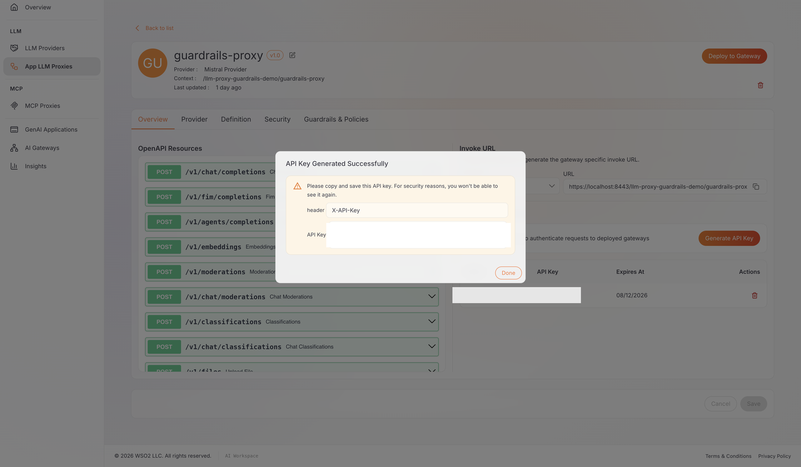 API Key Generated Successfully dialog showing the X-API-Key header name, with the key value hidden
