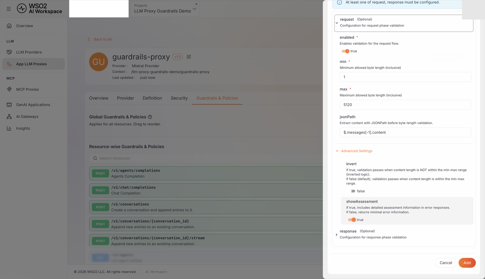 Content Length Guardrail request configuration with min, max, jsonPath, invert, and showAssessment fields filled in