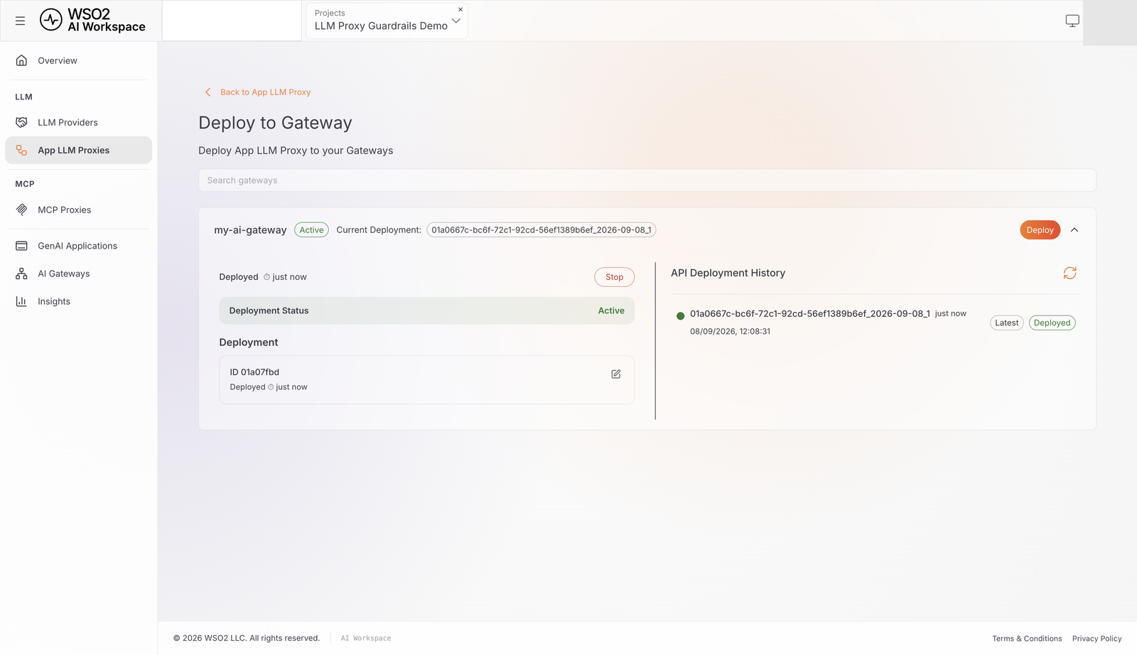Deploy to Gateway page showing my-ai-gateway with an Active deployment status and deployment history