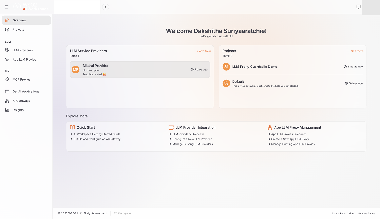 LLM Service Providers panel on the project overview showing the Mistral Provider card with the Mistral template