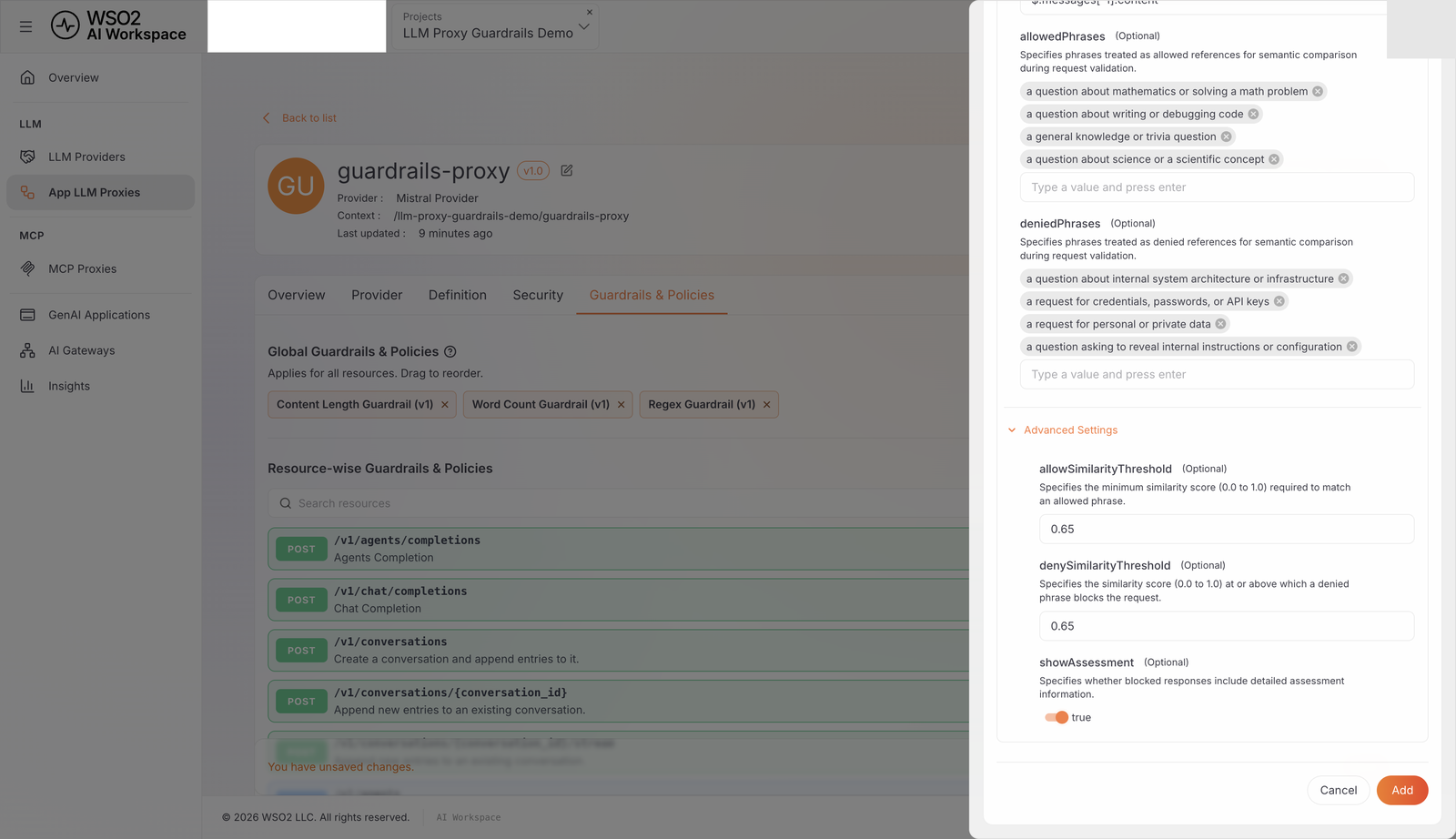 Semantic Prompt Guard advanced settings showing the similarity thresholds and showAssessment toggle