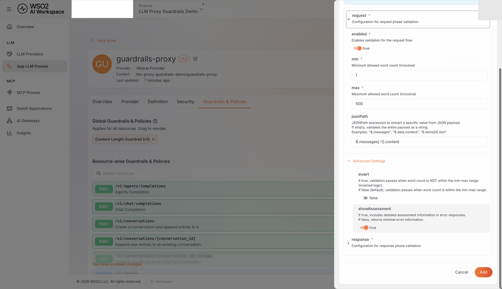 Word Count Guardrail request configuration with min, max, jsonPath, and showAssessment fields filled in