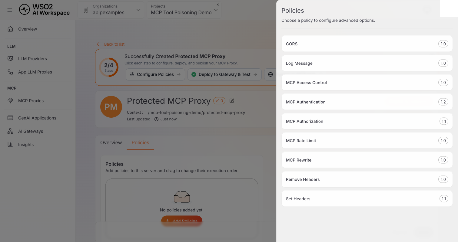 Add Policies list showing MCP Access Control alongside MCP Authentication, MCP Authorization, and other available policies