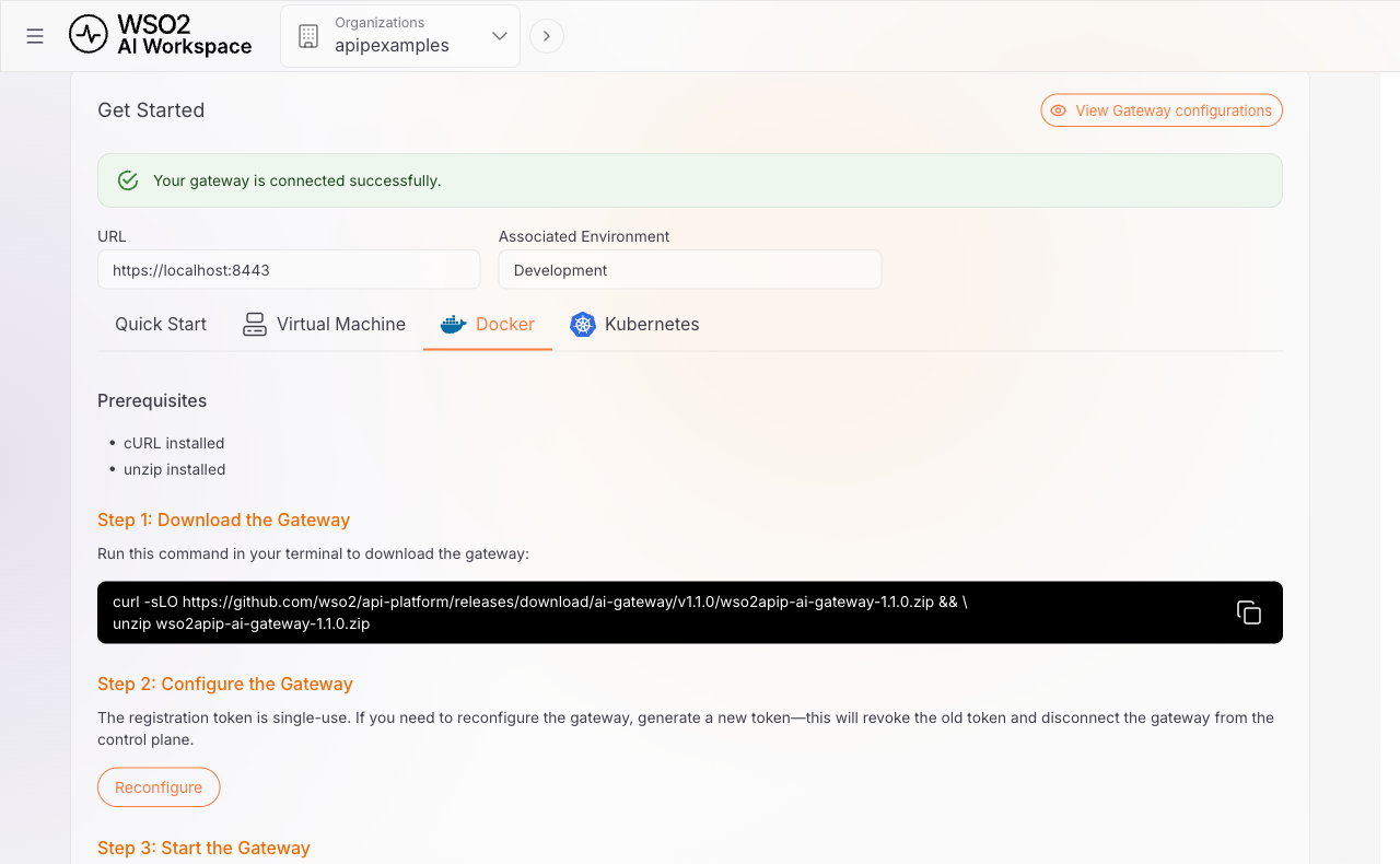AI gateway Get Started panel with the Docker tab selected, showing the download command for Step 1 and the registration note for Step 2