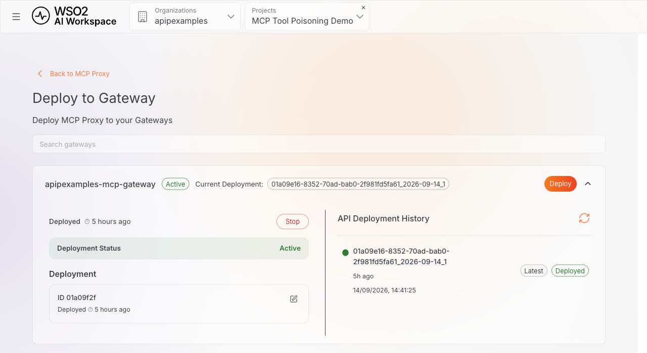 Deploy to Gateway page showing the gateway with an Active deployment status and deployment history