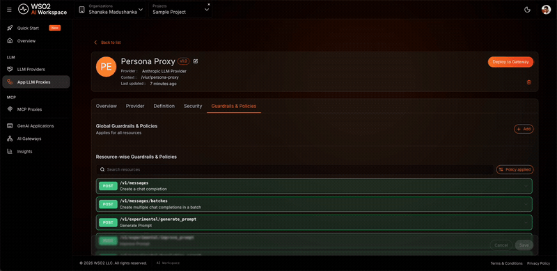 Adding and configuring the Prompt Decorator policy on the Guardrails & Policies tab until it appears as active