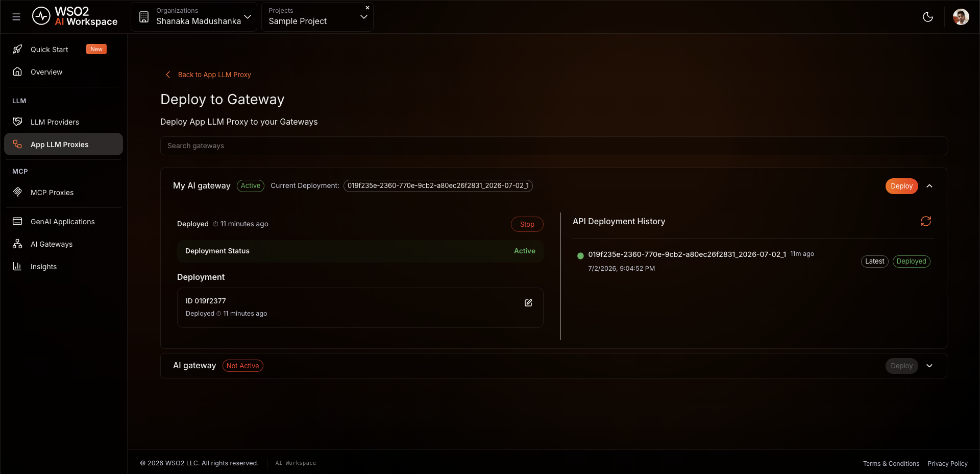 AI proxy detail page showing the gateway deployment status as Active