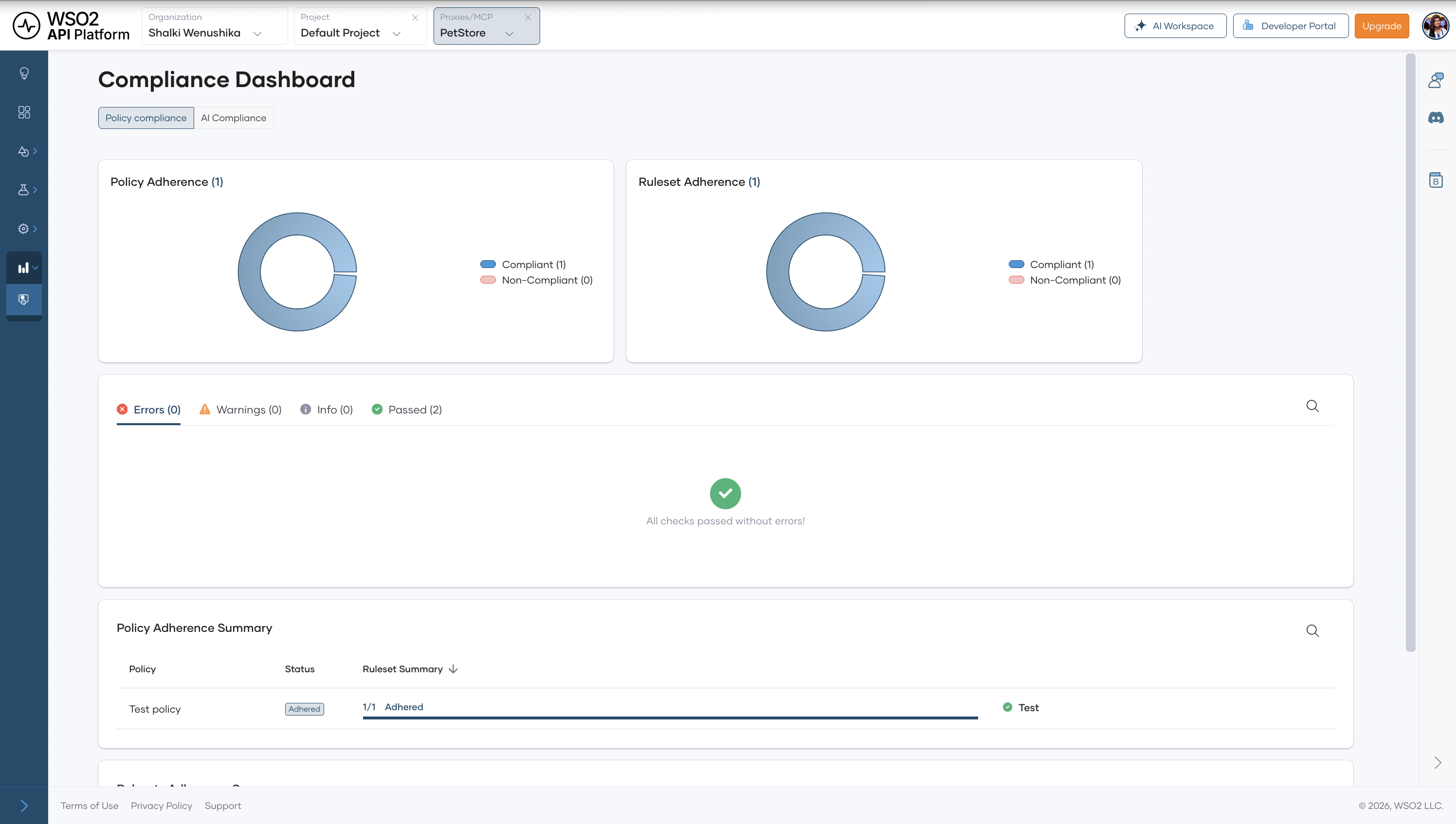 Compliance dashboard showing policy compliance status for the discovered API
