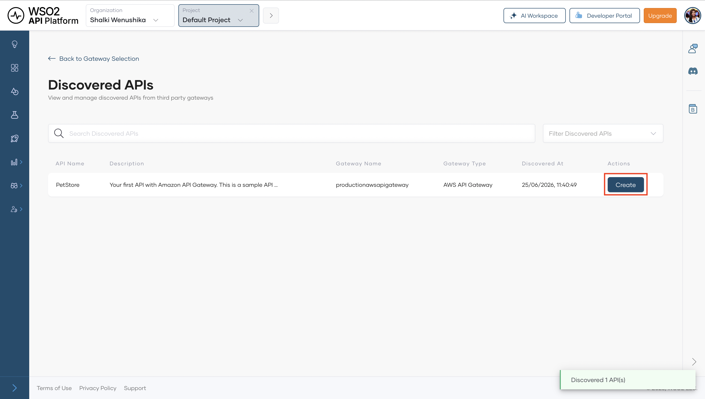 Discovered APIs table listing APIs found on the selected gateways with a Create button for each
