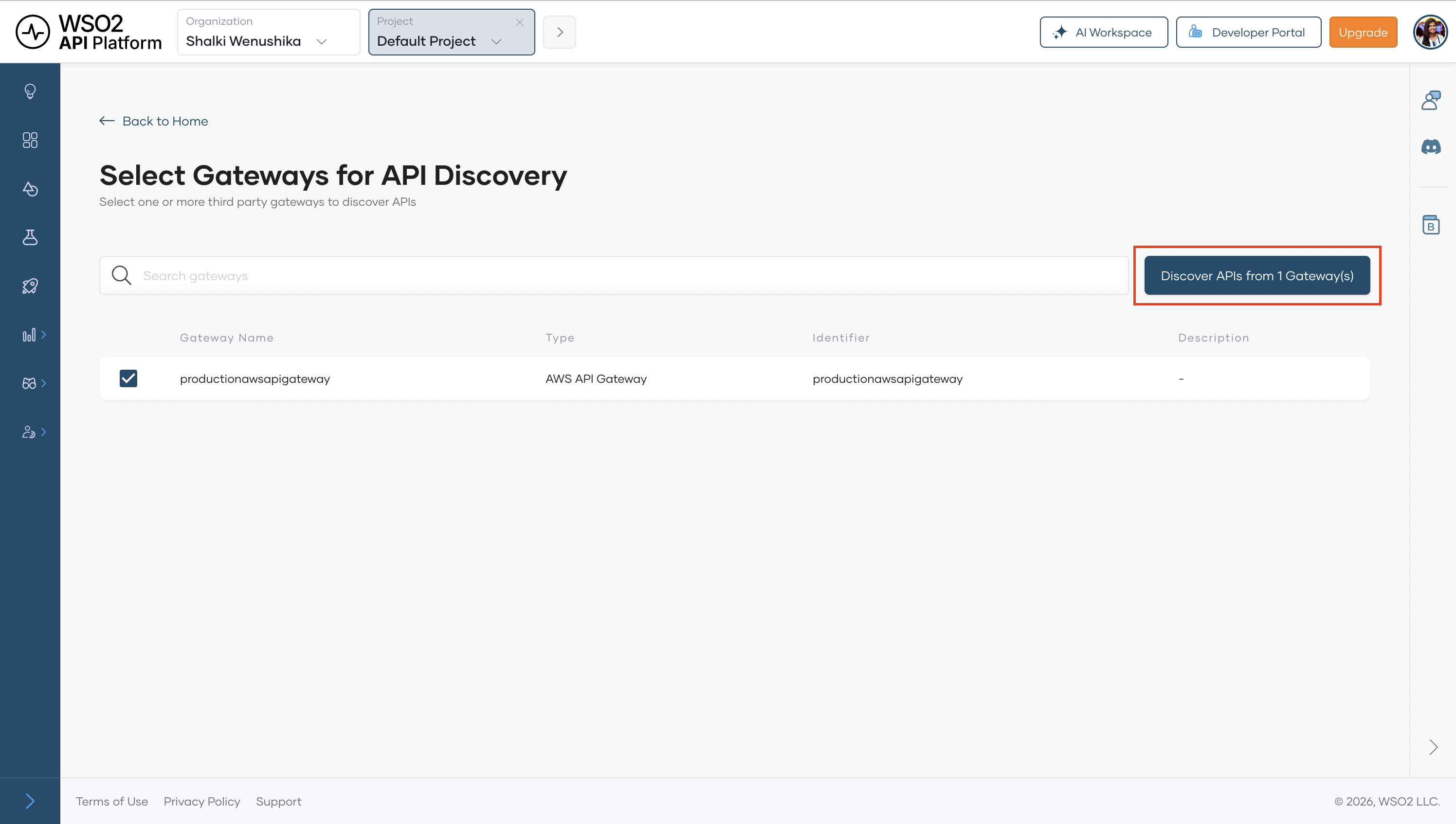 Select Gateways page with productionawsapigateway checked and Discover APIs from Gateways button