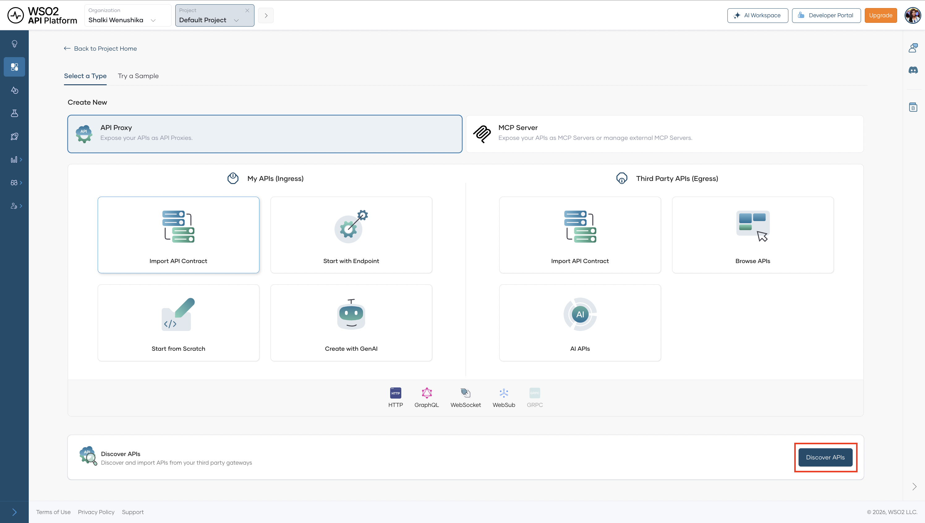 Create New page showing Discover APIs option