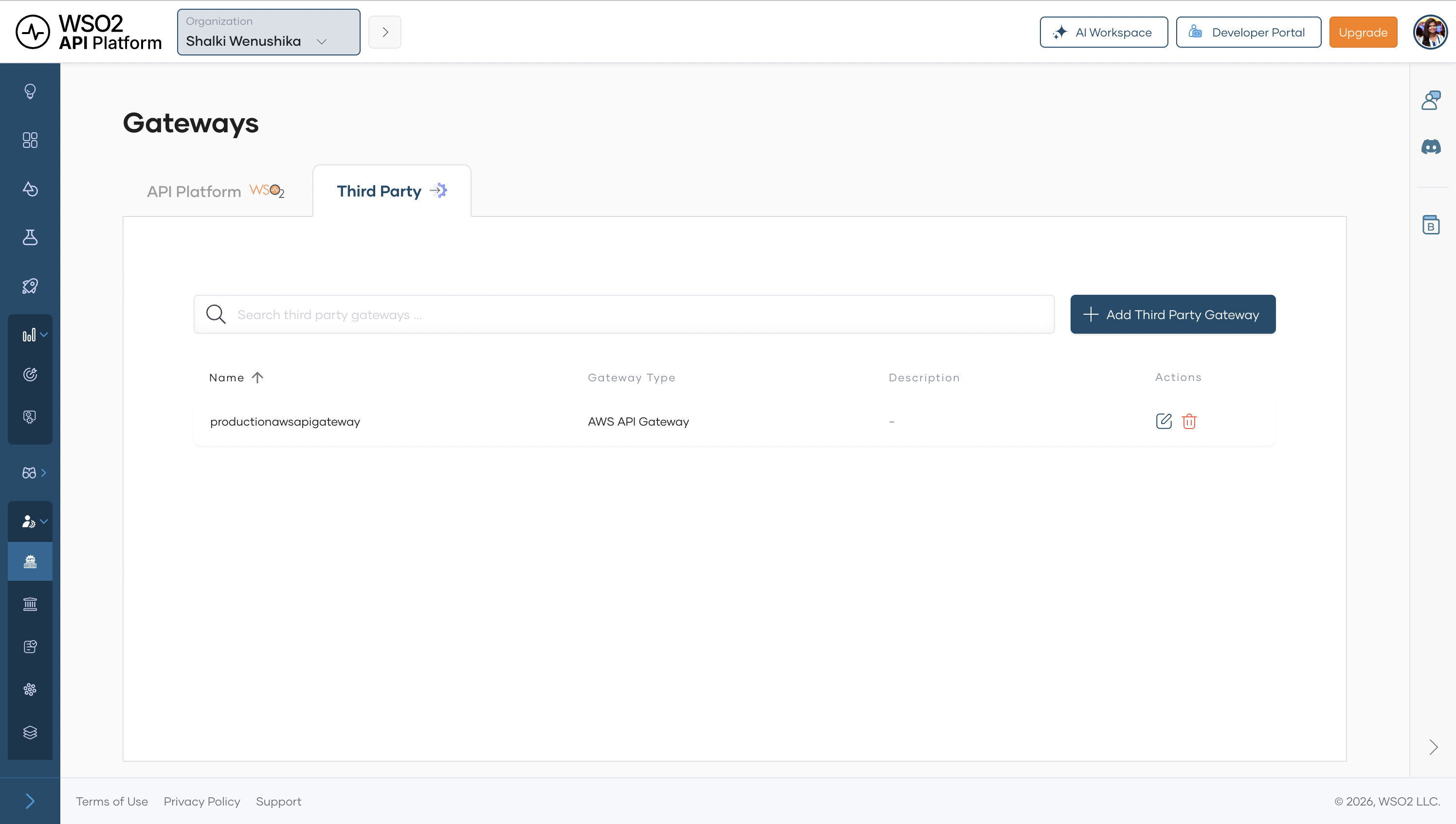 Third Party Gateway listing showing productionawsapigateway entry
