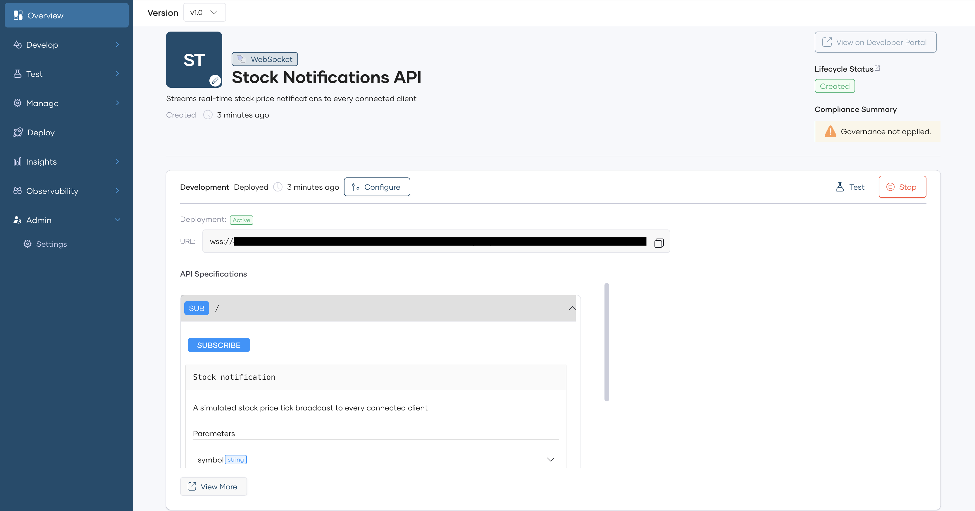 WebSocket API proxy overview page showing the channel generated from the imported AsyncAPI contract