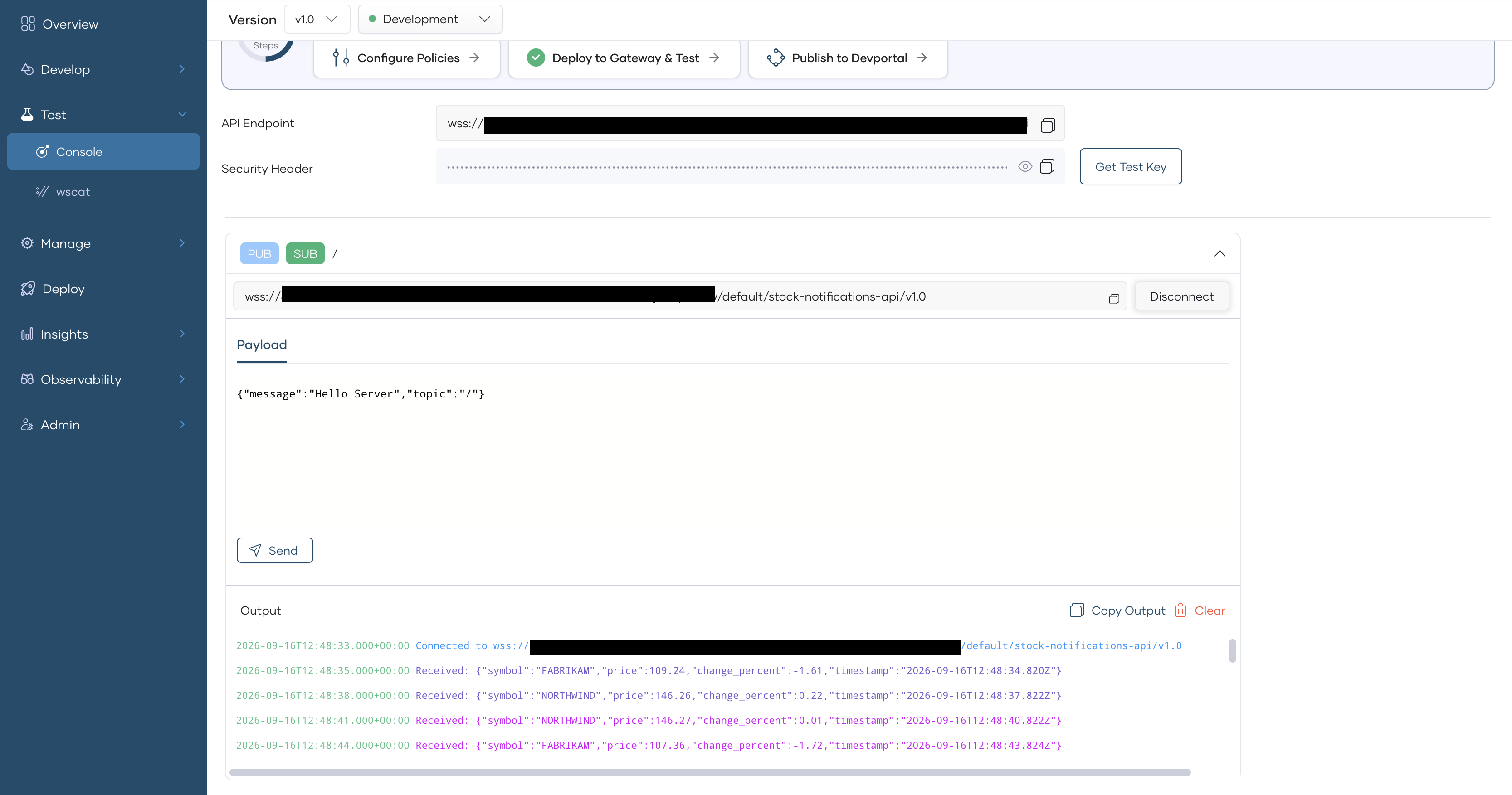 WebSocket Console pane with the channel expanded and connected to the Development environment
