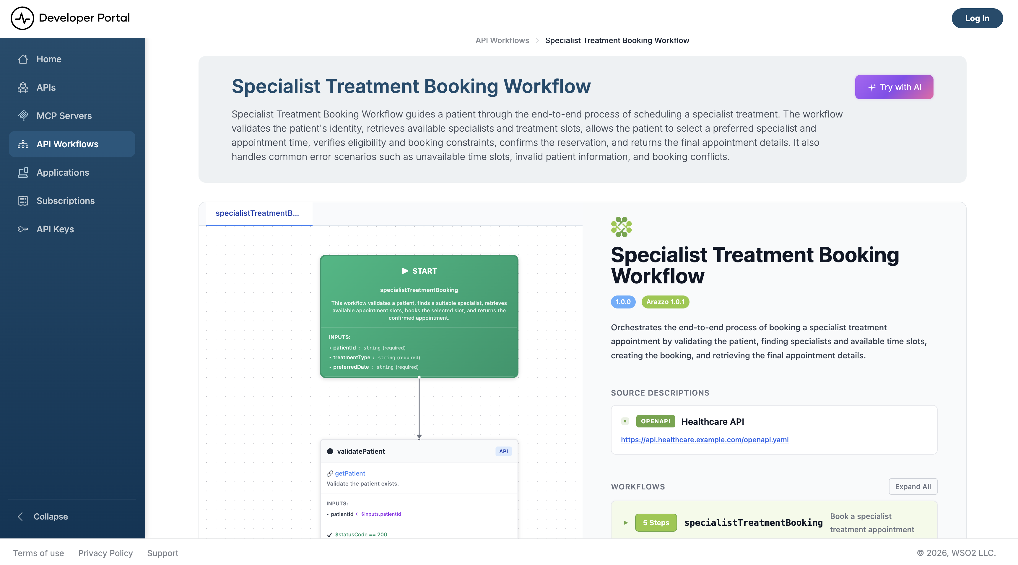 Workflow detail page with a description, version and Arazzo badges, and a flow diagram of the workflow steps