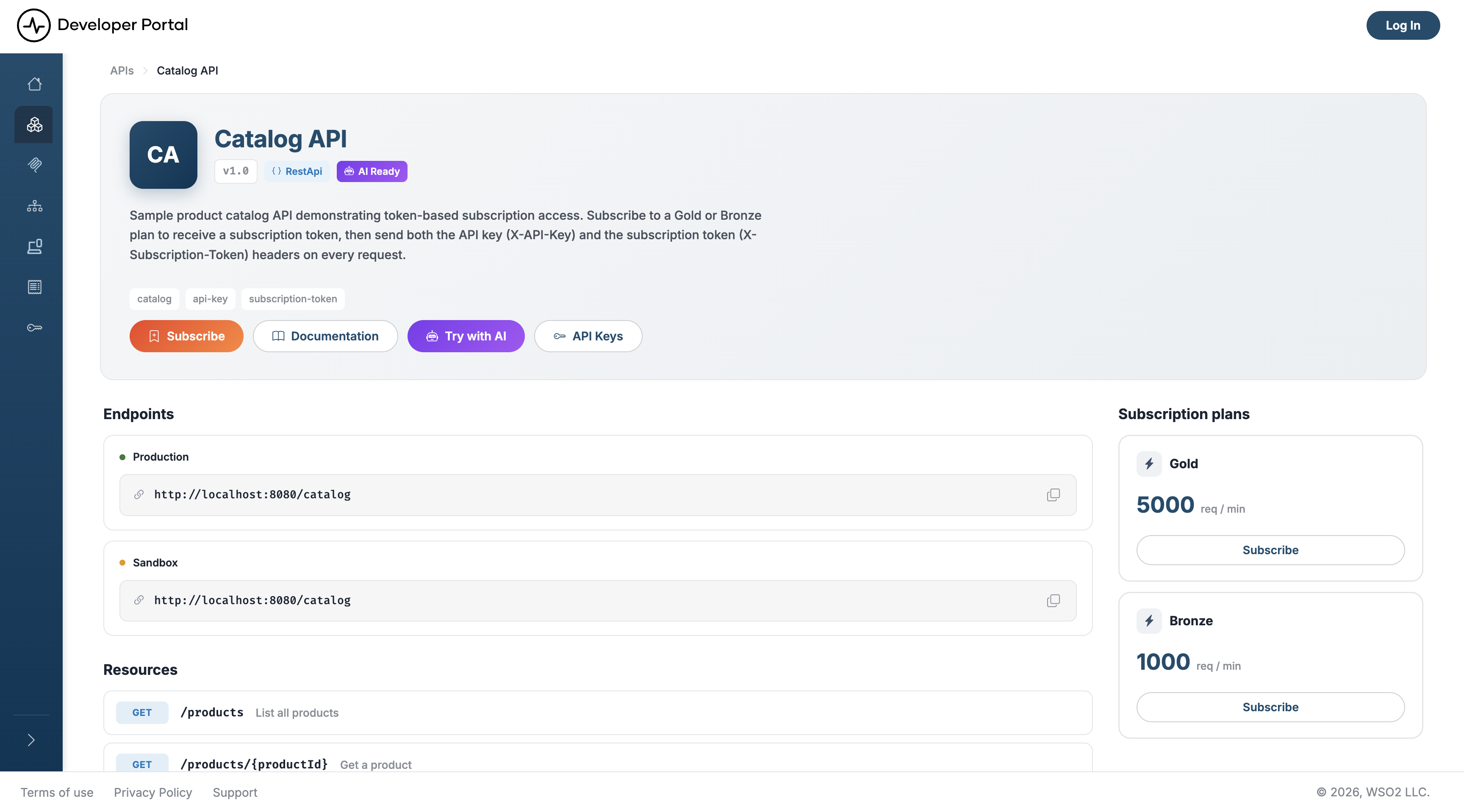 API overview page with header badges, endpoint URLs, a resources list, and a subscription plans panel