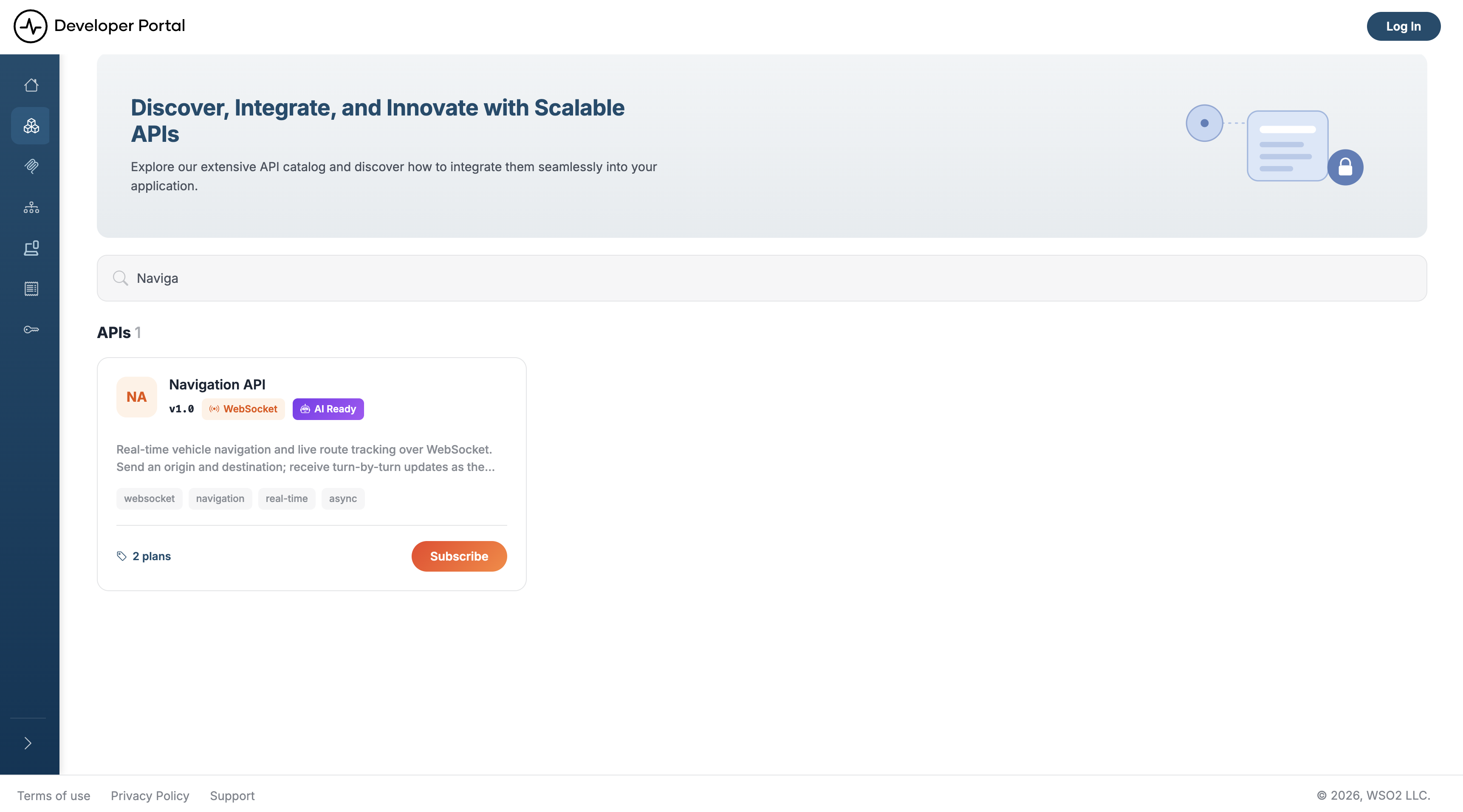 Search bar with "Naviga" query returning a single matching APIs count of 1 and the Navigation API WebSocket card
