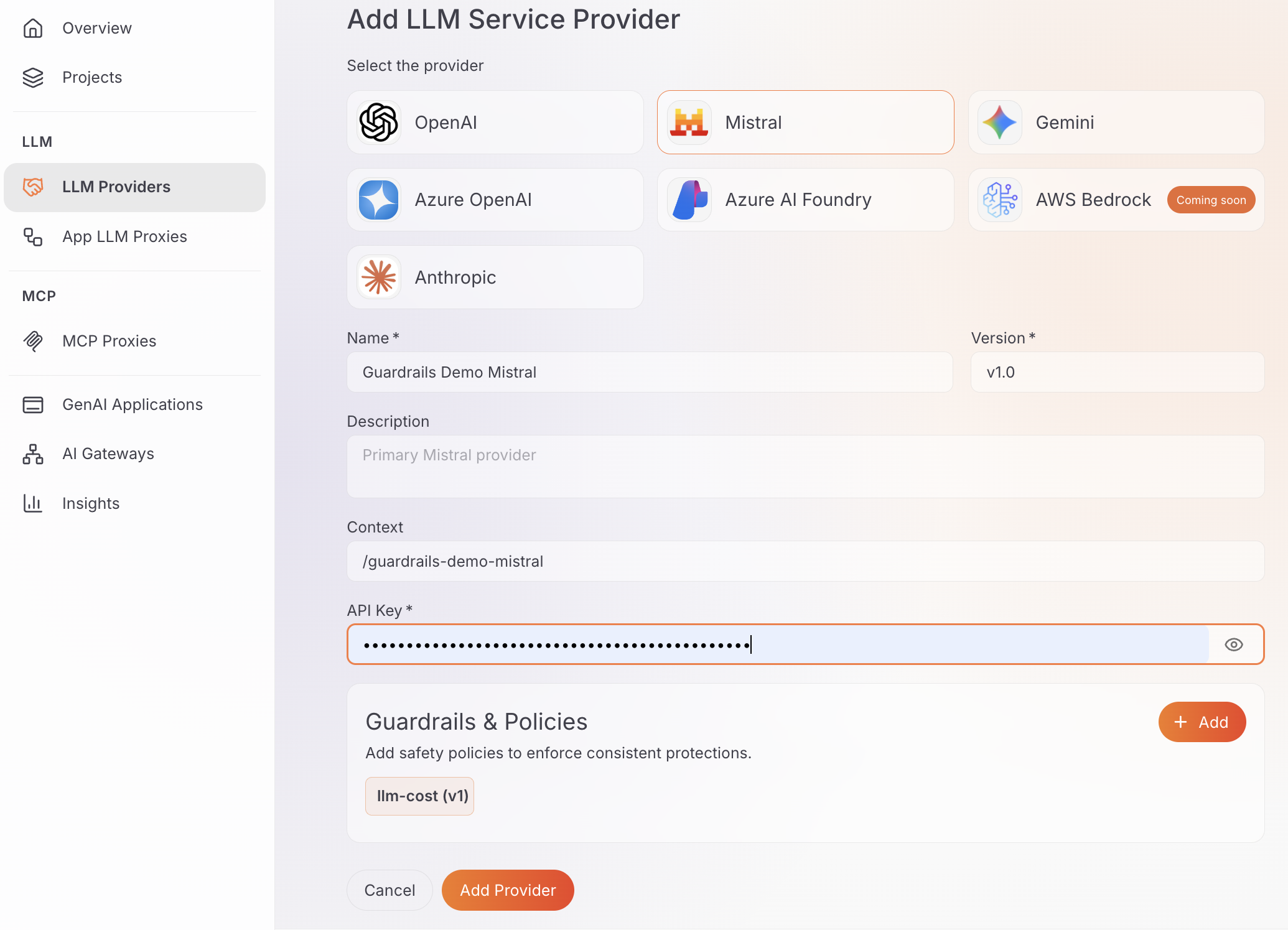 Registering a Mistral LLM provider in AI Workspace